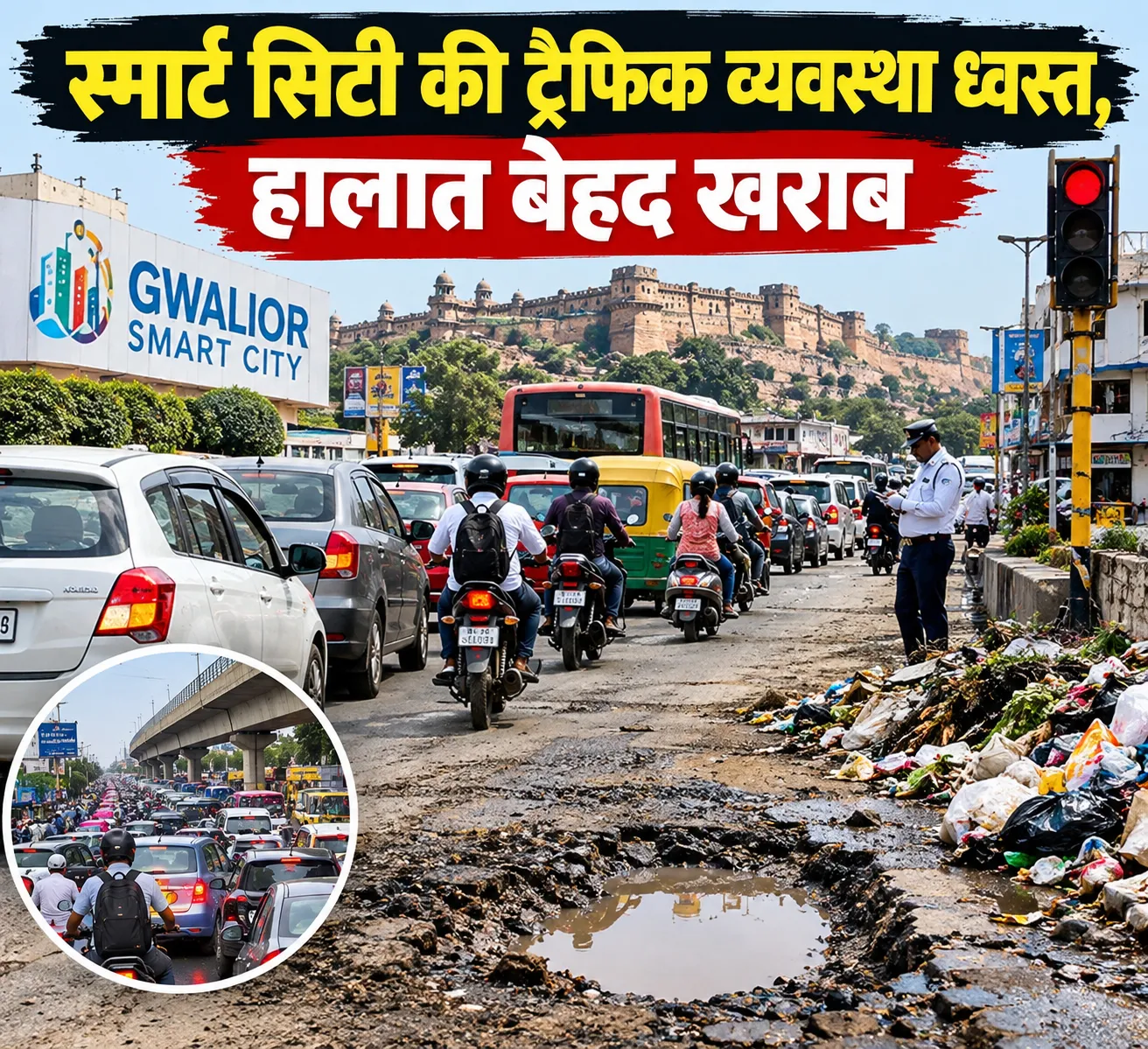 'Smart City' की ट्रैफिक व्यवस्था ध्वस्त, हालात बेहद खराब, गंदगी और गहरे गडढे स्मार्ट शहर के जख्मों पर छिड़क रहे नमक